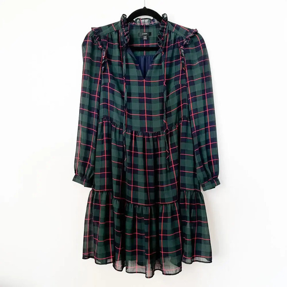 J.Crew Tie-Neck Tiered Dress Black Watch Tartan Plaid XXS Red Green Holiday - Picture 2 of 12